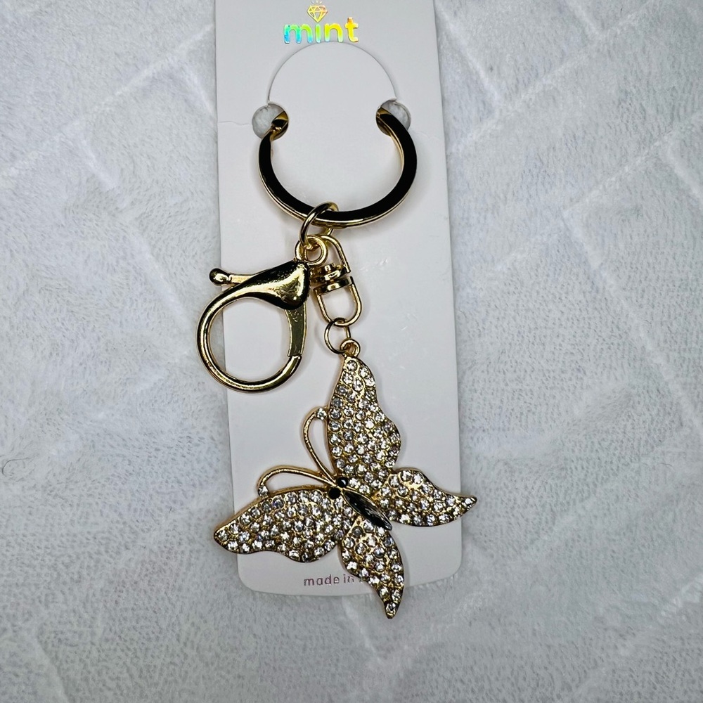 GOLD TONE SPARKLY BUTTERFLY KEYCHAIN BAG CHARM NIP